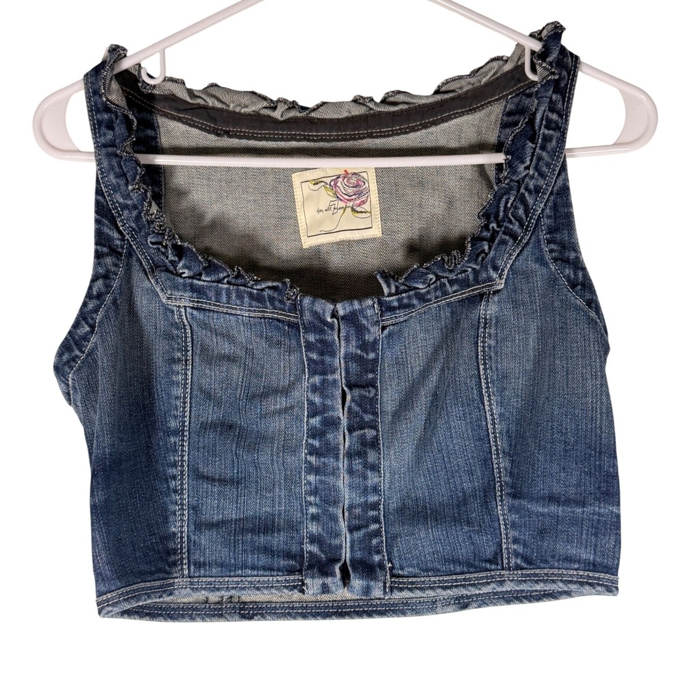 7 For All Mankind Blue Denim Corset Crop Top Ruffle Vest Medium Wash Small Y2K